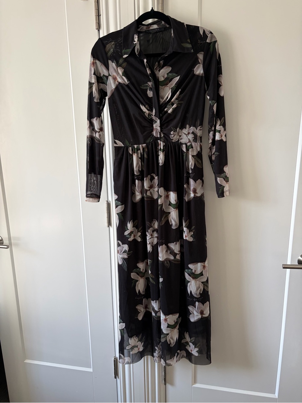 All Saints Black Floral Long-Sleeve Twist Maxi Dress